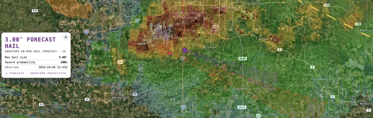 Xweather 60-minute hail forecast: where hail is headed next.