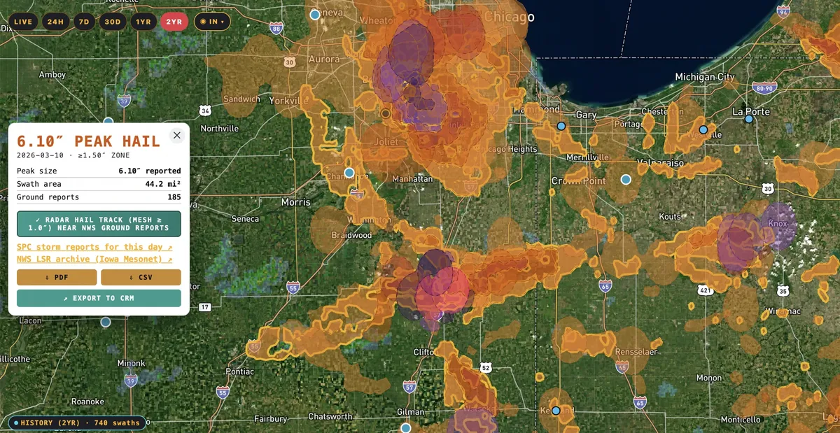 6+ inch hail recorded near Kankakee, IL during the March 2026 severe weather outbreak.