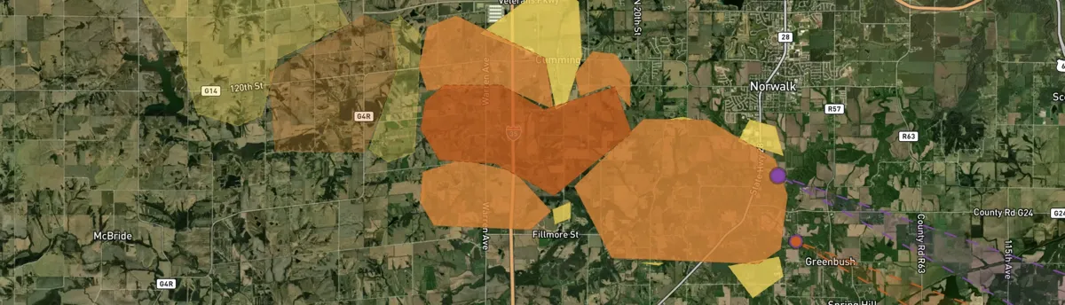 Real-time radar hail swaths rendering beneath the Xweather forecast track.