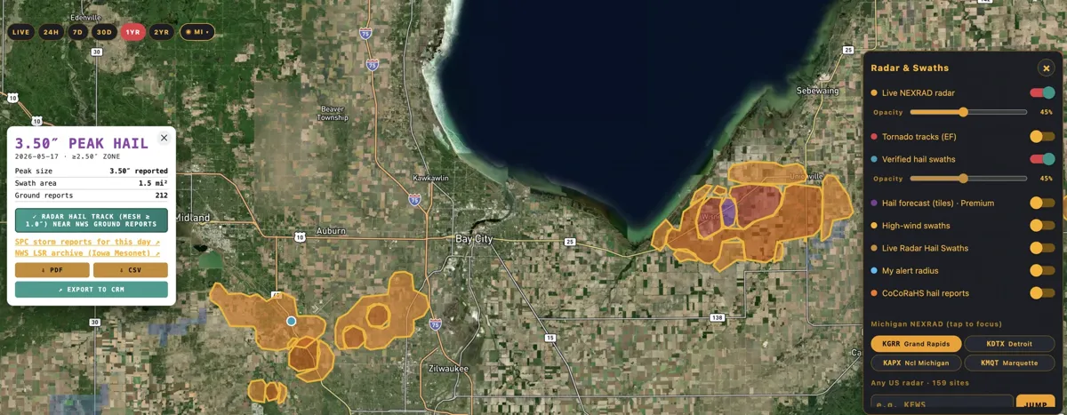 Radar hail tracks matched to NWS ground reports, with peak size, area, and SPC/NWS links.